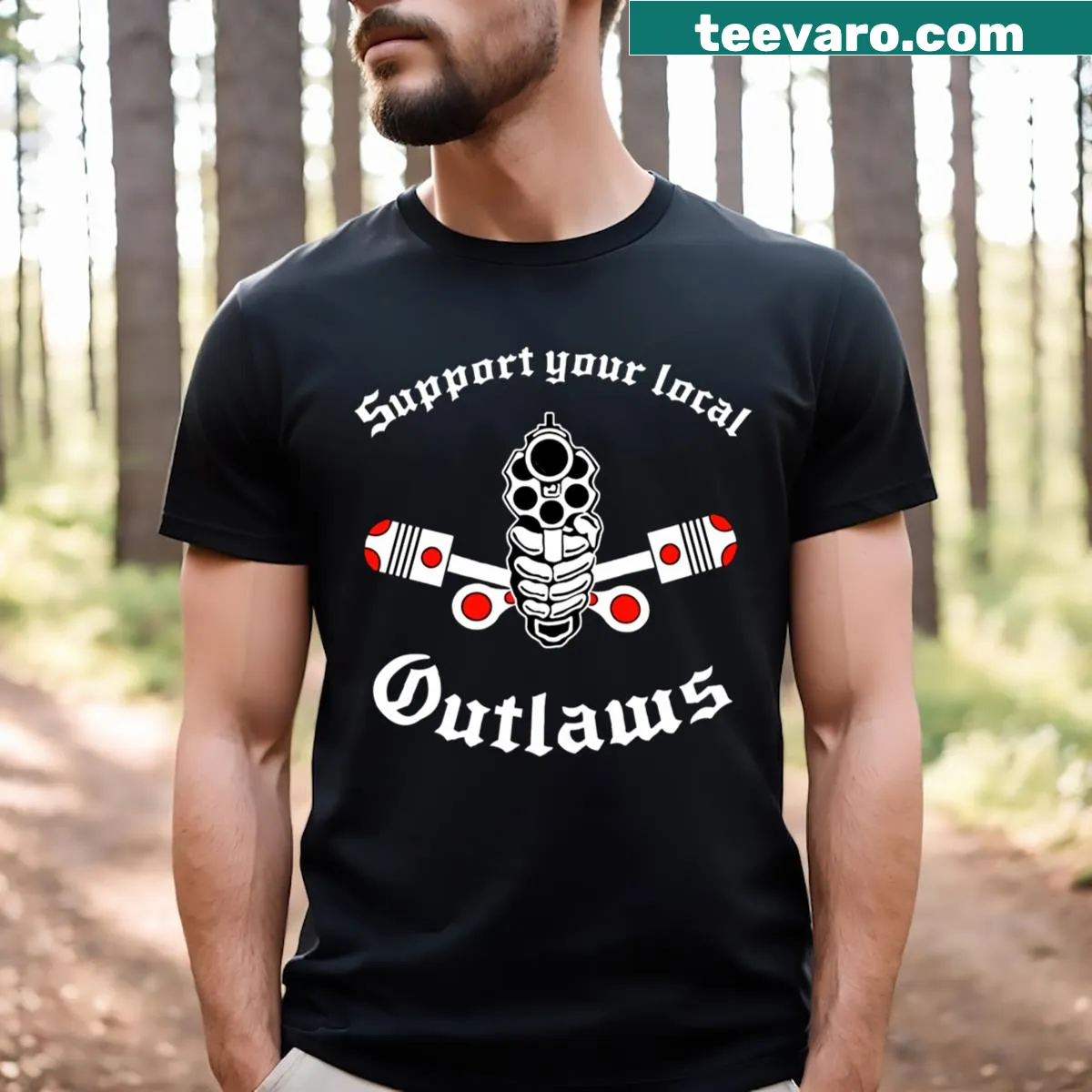 Typographic T-shirt with 'Outlaw Mc Support' message — on a men's t-shirt