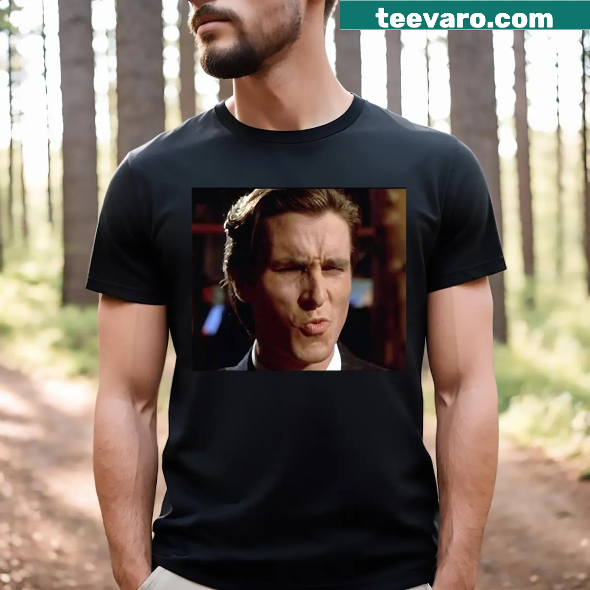American Psycho T-shirt featuring Patrick Bateman and meme text — on a men's t-shirt