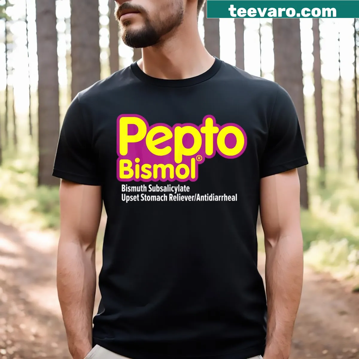 Humorous Pepto Bismol nurse Halloween costume shirt for pharmacy workers — on a men's t-shirt
