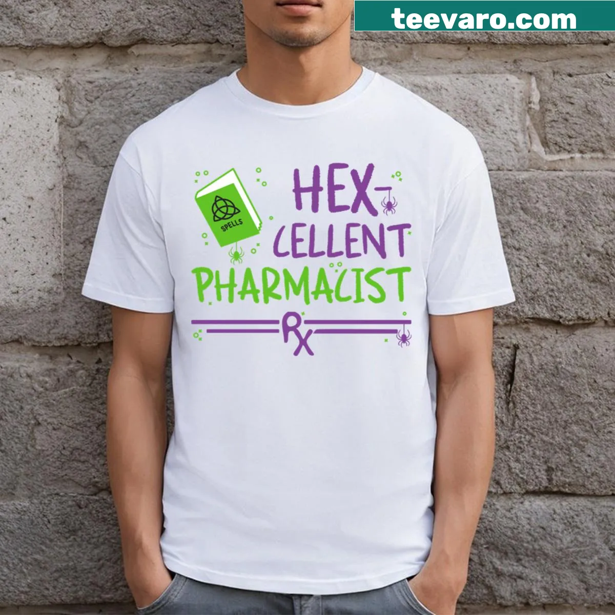 Halloween-themed pharmacist design on a t-shirt — on a men's t-shirt