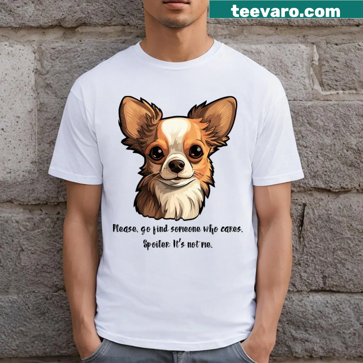 Witty t-shirt with humorous message about caring — on a men's t-shirt