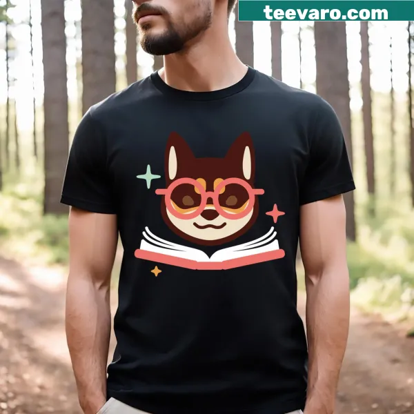 Cute t-shirt featuring a Shiba Inu reading surrounded by books