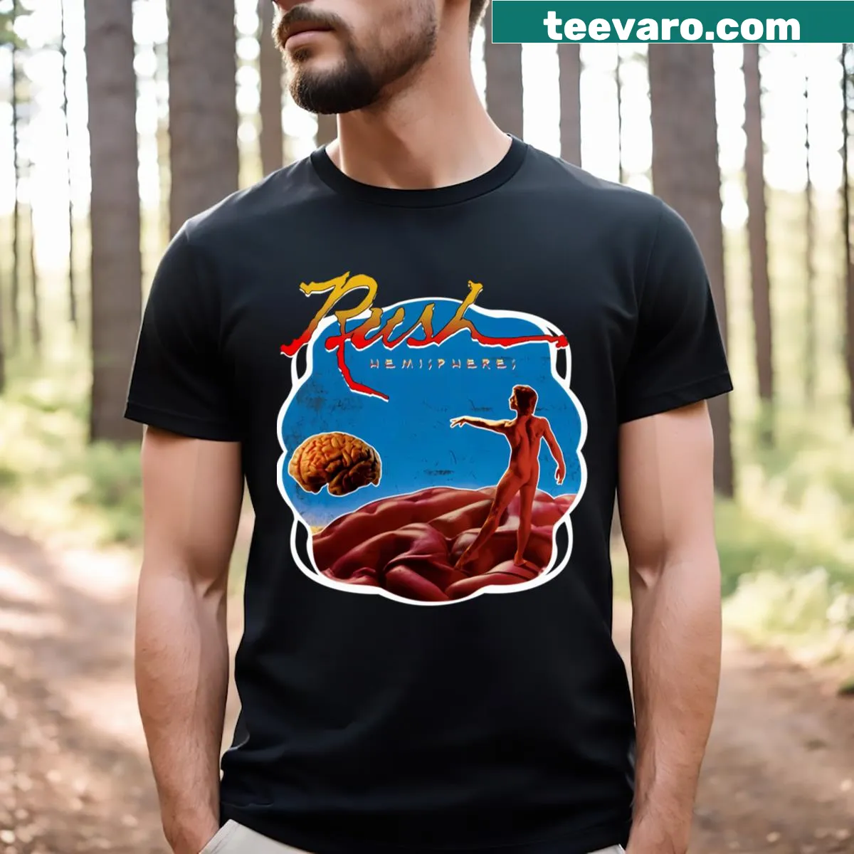 T-shirt featuring Rsh Band Hemispheres album cover — on a men's t-shirt