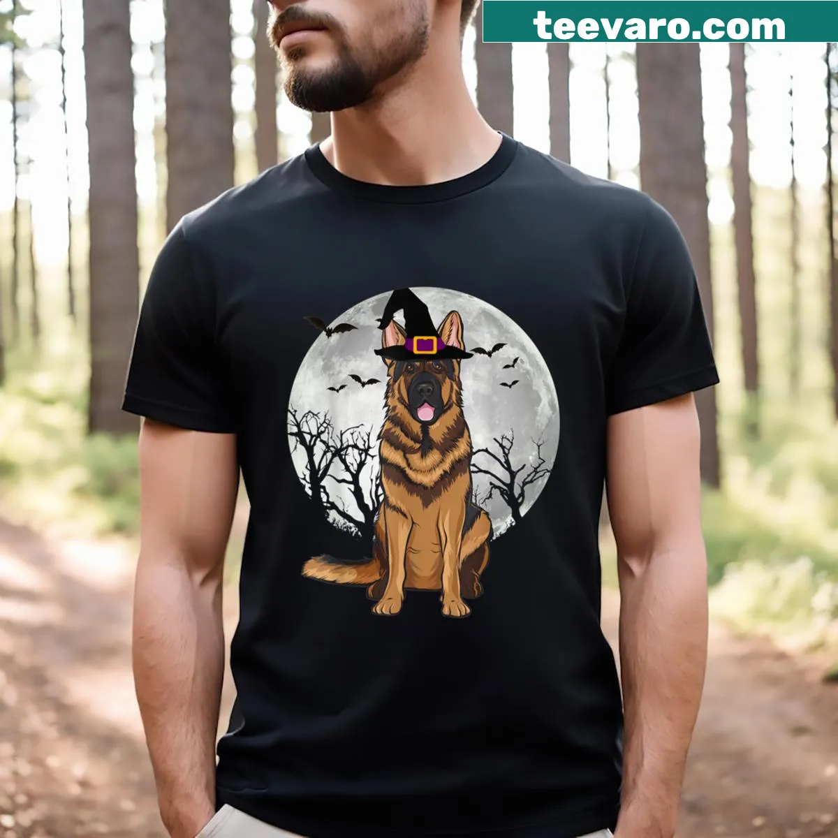 Cartoon German Shepherd dressed as a witch for Halloween — on a men's t-shirt