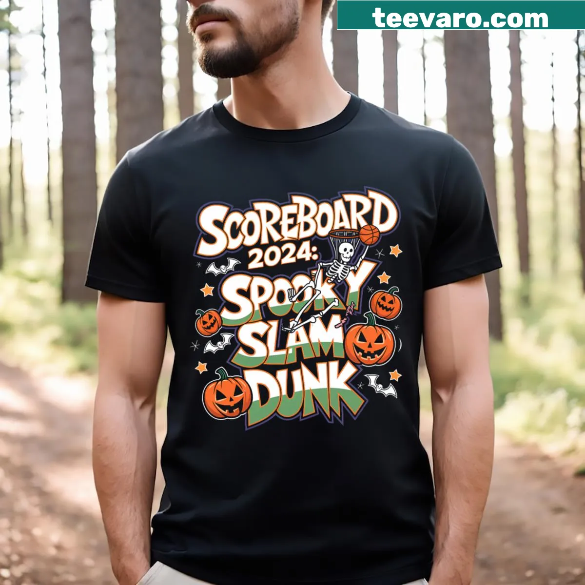 Spooky slam dunk graphic on basketball scoreboard T-shirt — on a men's t-shirt