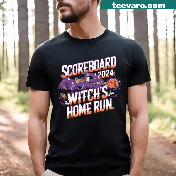 Witch hitting a home run graphic on a playful t-shirt