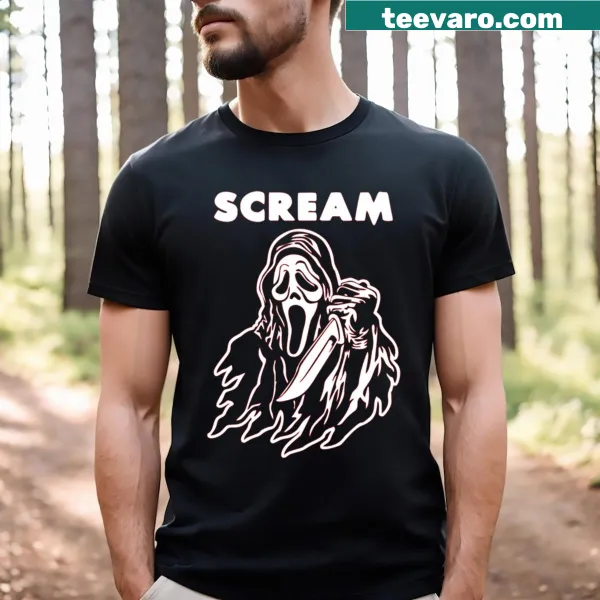 Ghostface mask featured on a horror-themed t-shirt