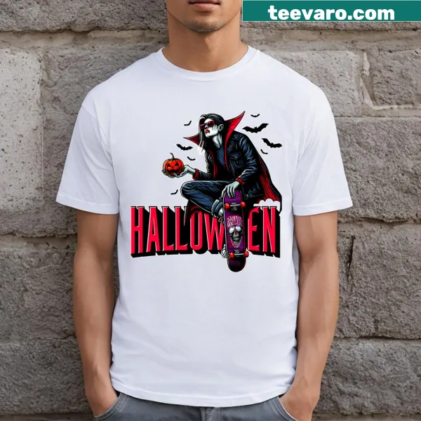 Skateboarder graphic with Halloween elements on a fun t-shirt