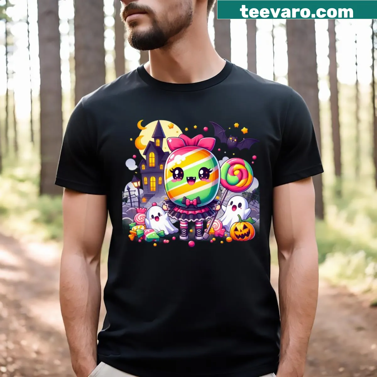 Cute Halloween T-shirt with cartoon ghosts and candy illustrations — on a men's t-shirt