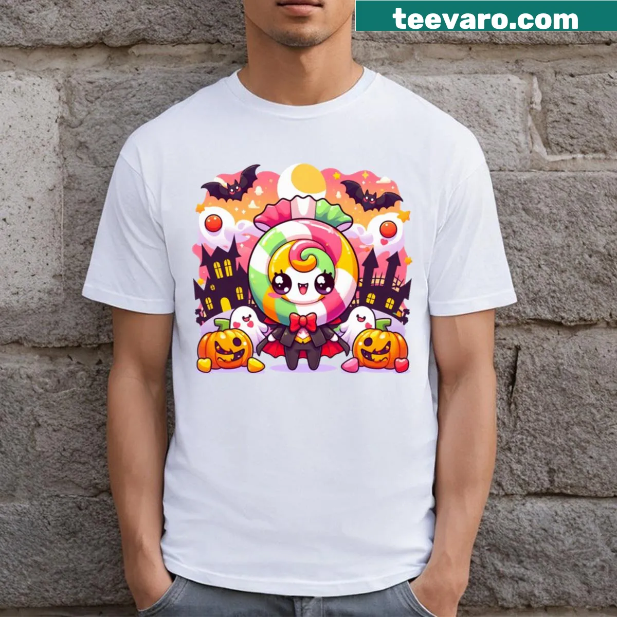 Cute cartoon ghosts surrounded by candy on Halloween t-shirt — on a men's t-shirt