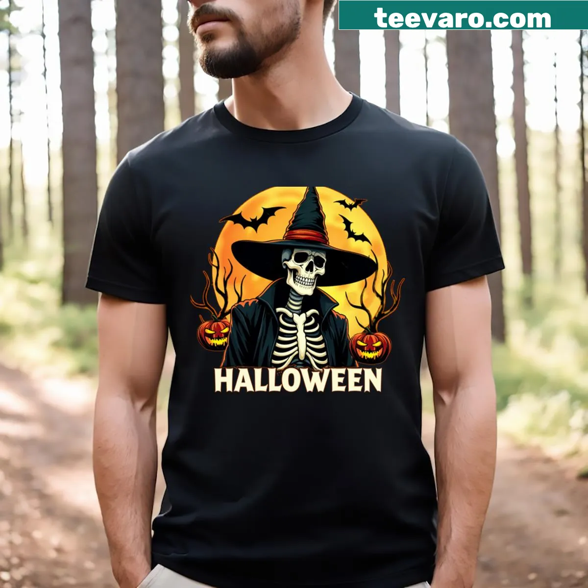 Vintage skeleton graphic T-shirt for Halloween with distressed look — on a men's t-shirt