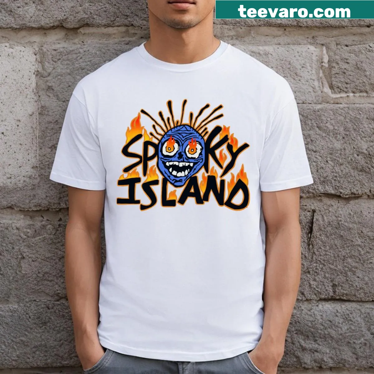 Spooky island graphic T-shirt for Halloween with haunted elements — on a men's t-shirt