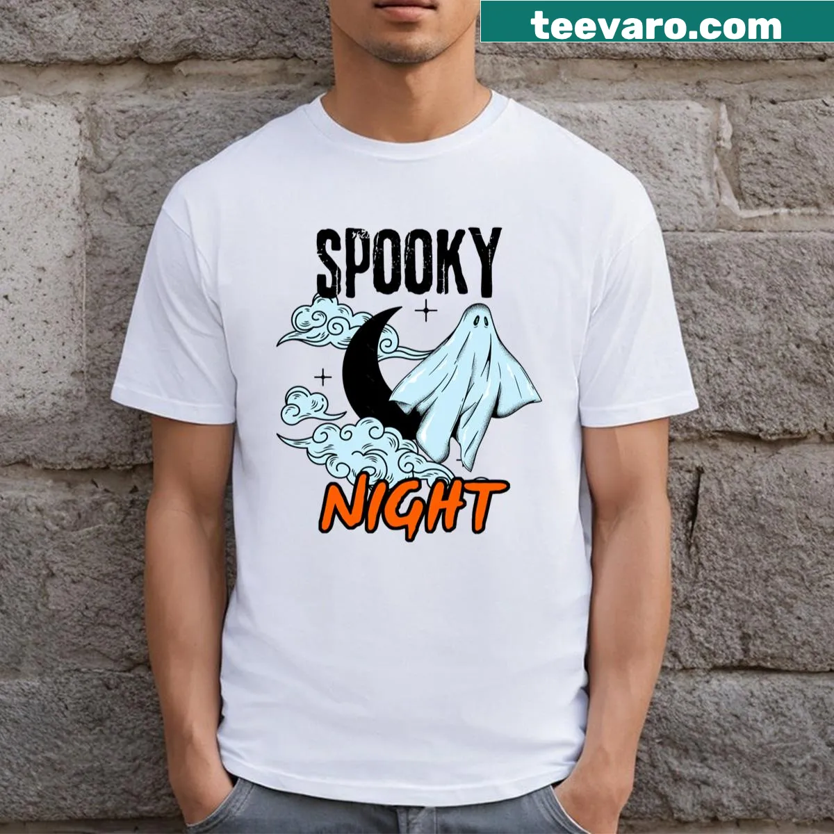 Ghost and moon illustration T-shirt for Halloween — on a men's t-shirt