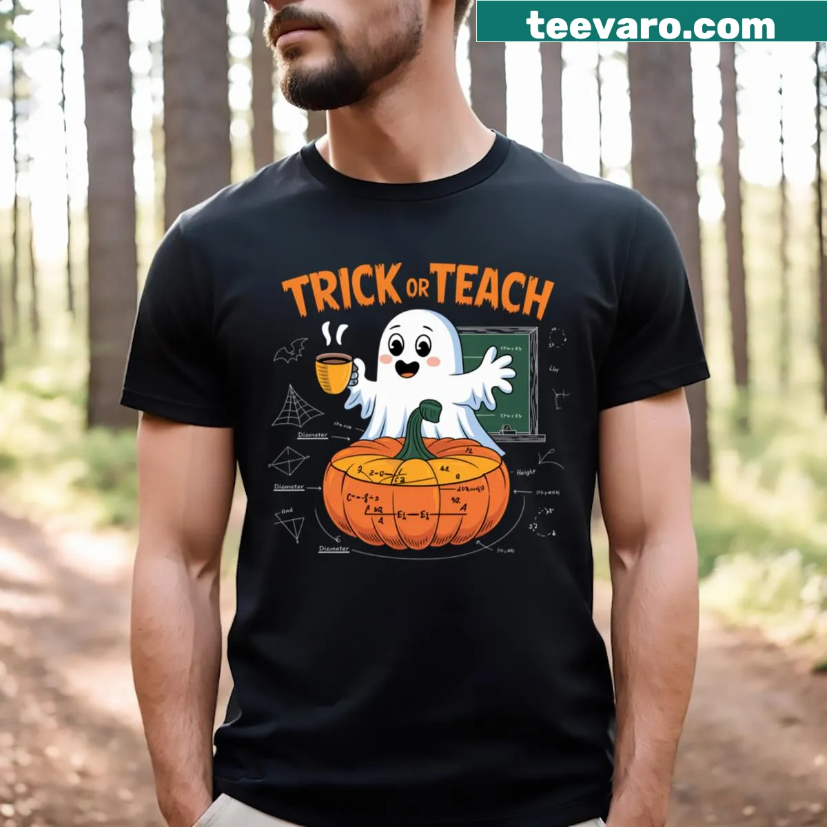 Cute Halloween T-shirt for teachers featuring a ghost and pumpkins — on a men's t-shirt