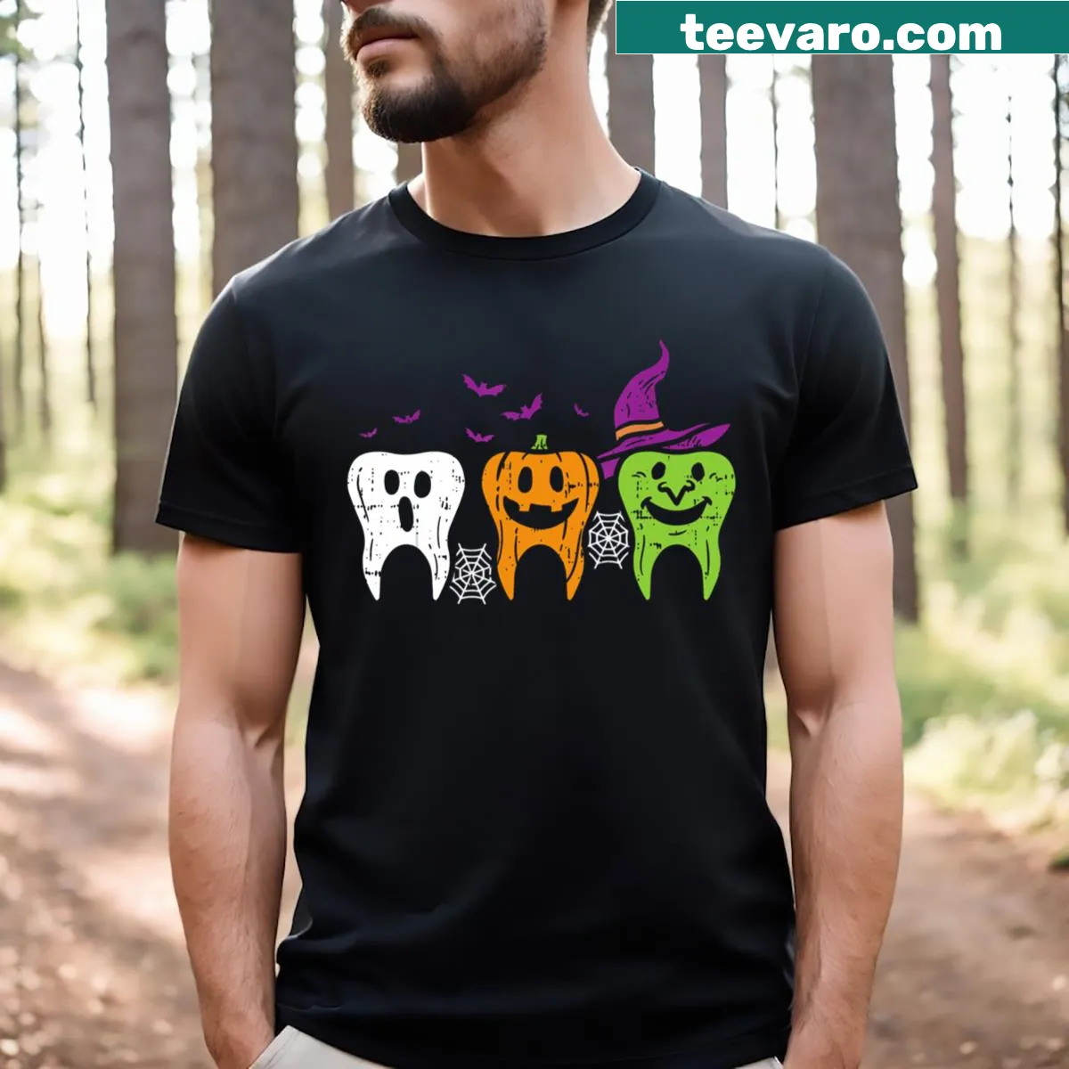 Cute Halloween T-shirt with a ghost, pumpkin, and witch illustrations — on a men's t-shirt