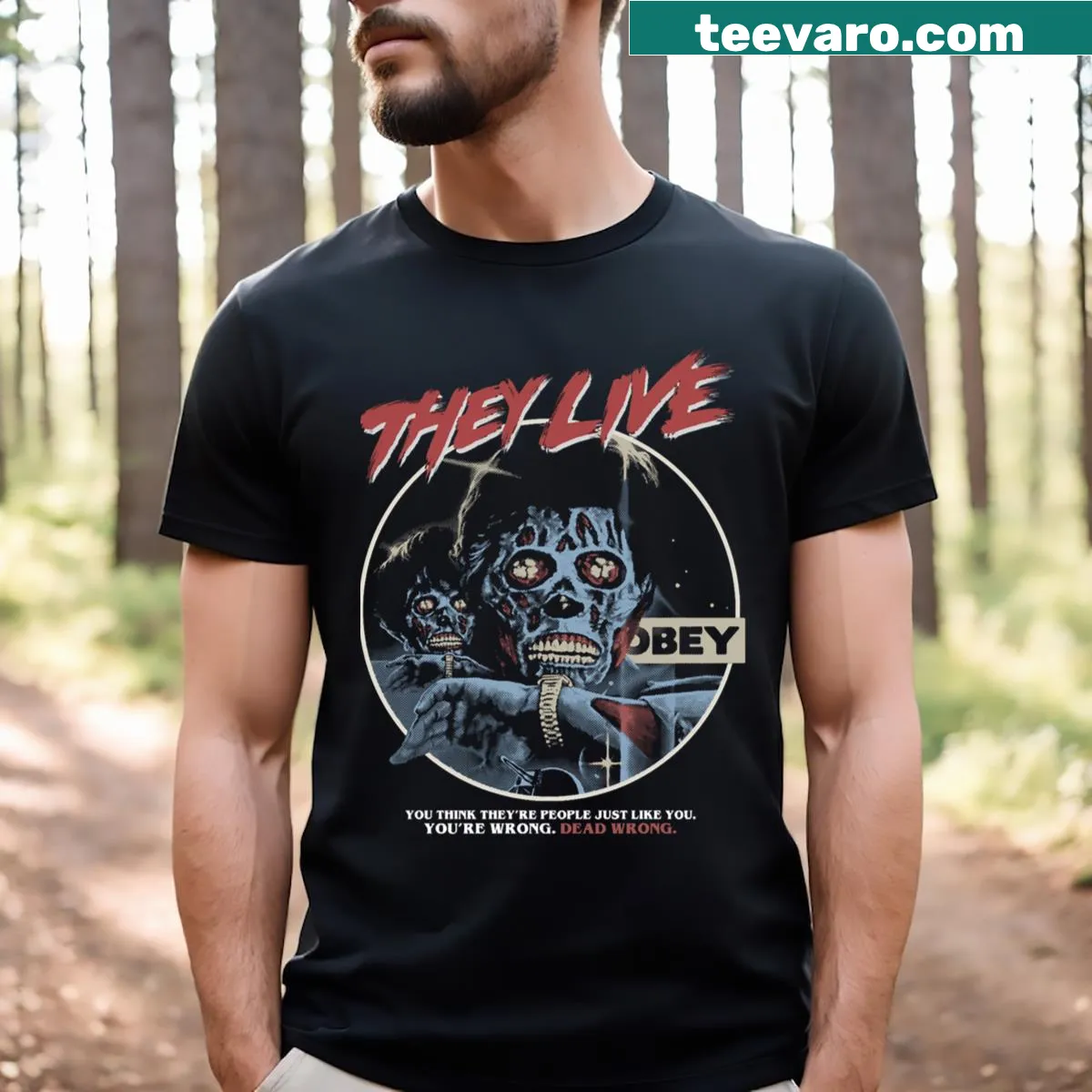 Graphic inspired by They Live on a casual T-shirt — on a men's t-shirt