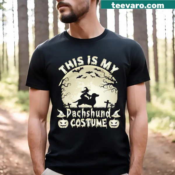 Halloween t-shirt featuring a dachshund costume theme