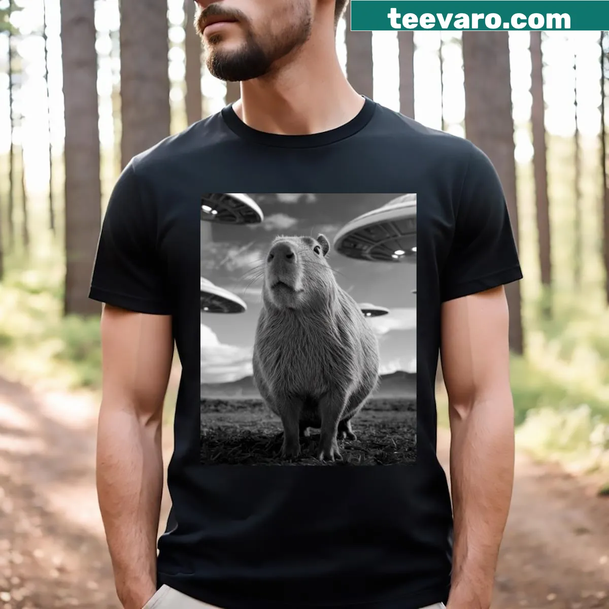 Black and white illustration of a capybara taking a selfie on a T-shirt — on a men's t-shirt