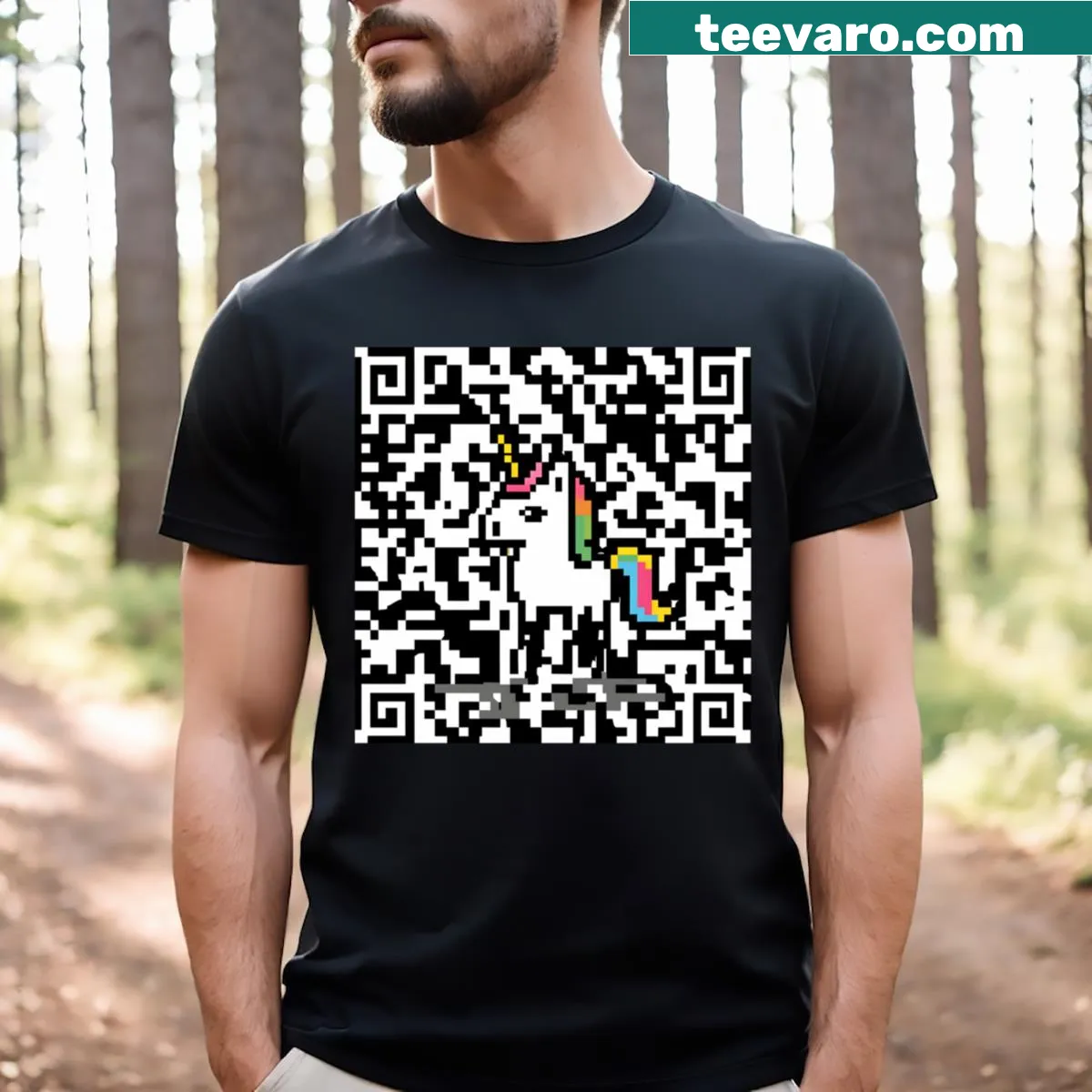 Playful T-shirt with a unicorn and QR code design — on a men's t-shirt