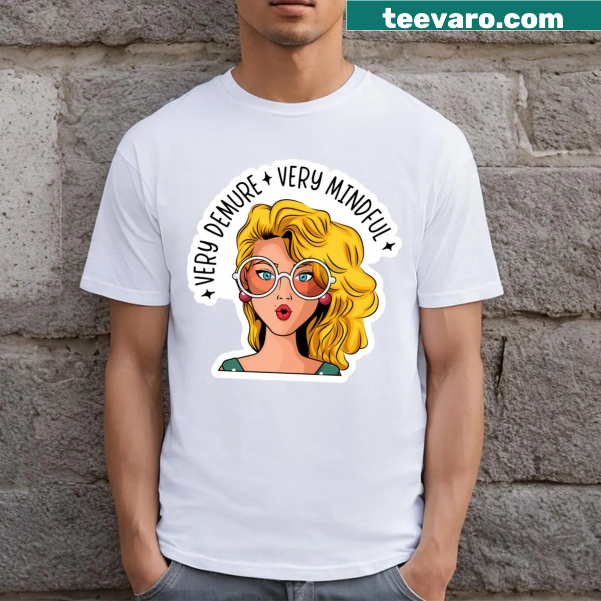 Hand-lettered T-shirt with the phrase 'Very Demure Very Mindful Very Cutesy' — on a men's t-shirt