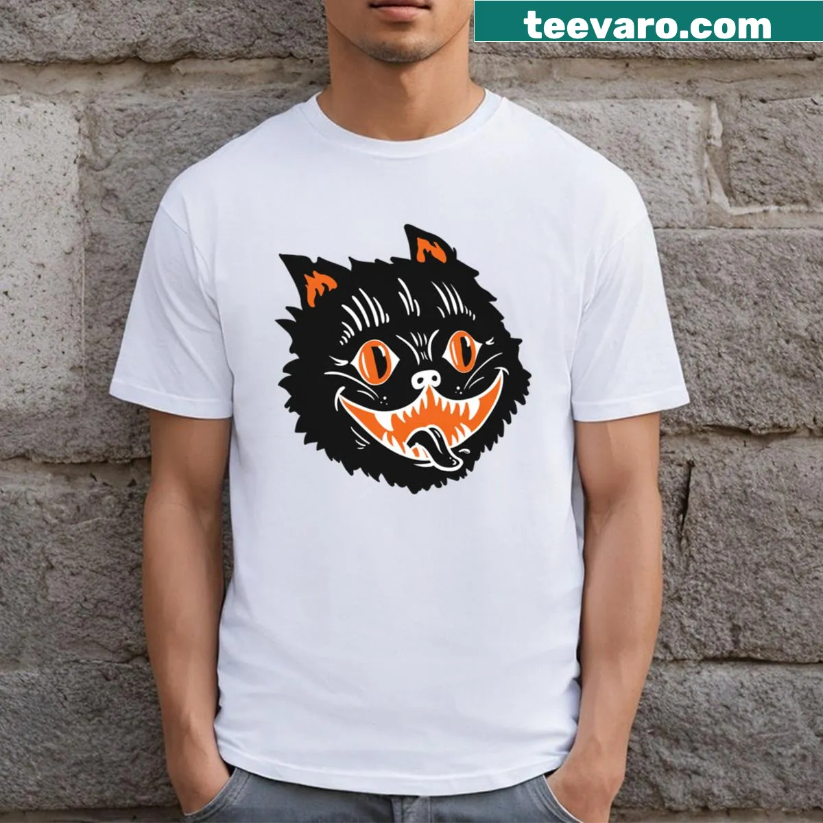 Vintage Halloween-themed T-shirt featuring a black cat graphic — on a men's t-shirt