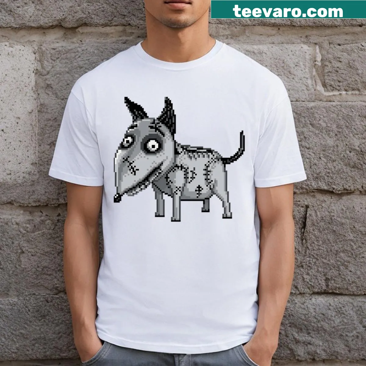 Vintage T-shirt with dog-themed horror movie logo — on a men's t-shirt