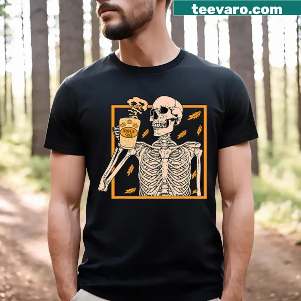 Vintage style Halloween shirt with a skeleton and pumpkin spice theme