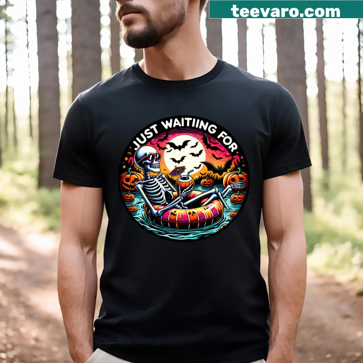 Illustration of a relaxed skeleton in a summer setting for Halloween — on a men's t-shirt