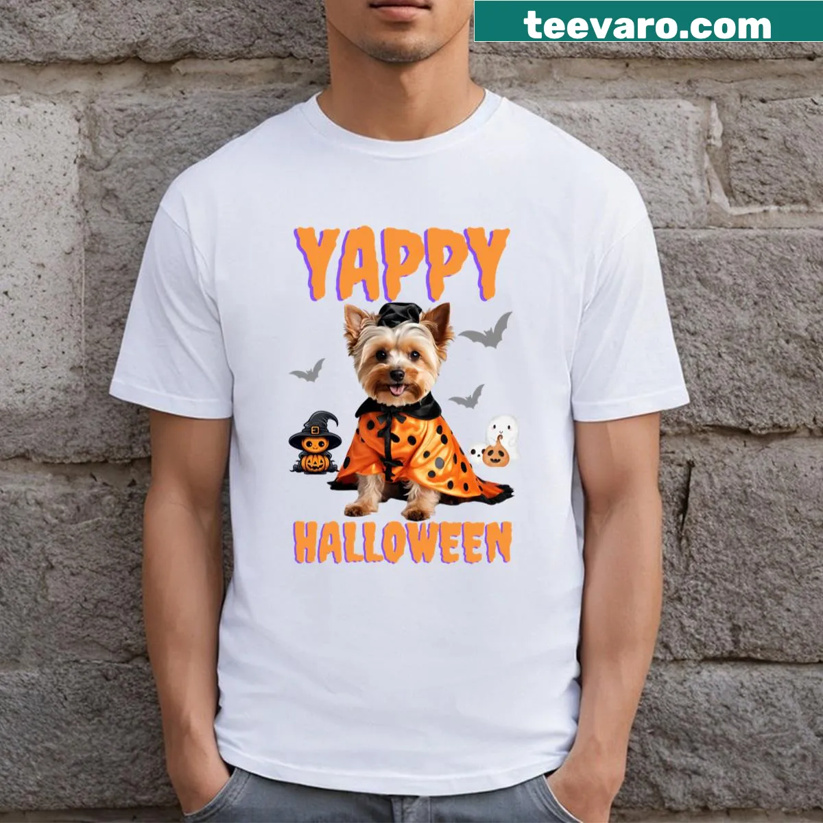 T-shirt with a festive Yorkipoo illustration for dog lovers — on a men's t-shirt