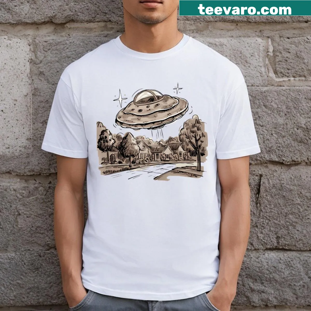 Illustration of a pancake-shaped UFO over a suburban landscape on a T-shirt — on a men's t-shirt