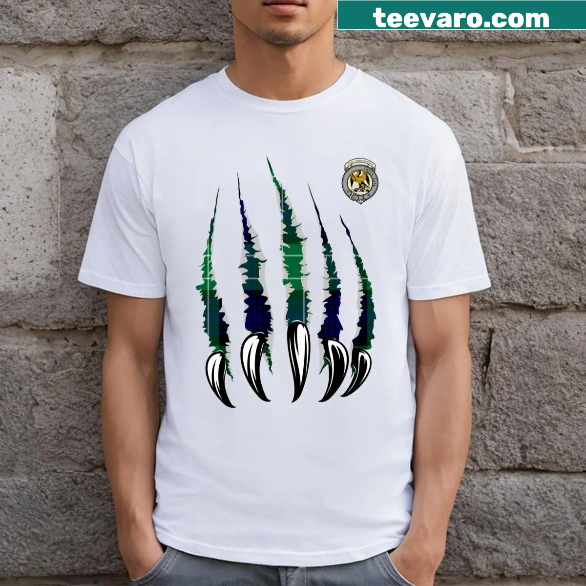 Abercrombie clan crest and tartan design on T-shirt — on a men's t-shirt
