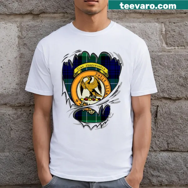 T-shirt featuring Abercrombie clan surname crest and tartan pattern.