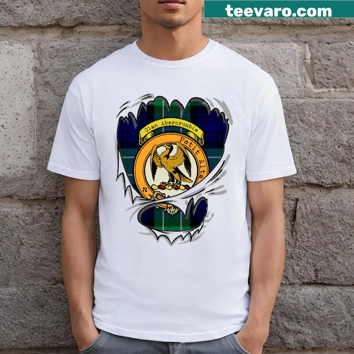 T-shirt featuring Abercrombie clan surname crest and tartan pattern. — on a men's t-shirt