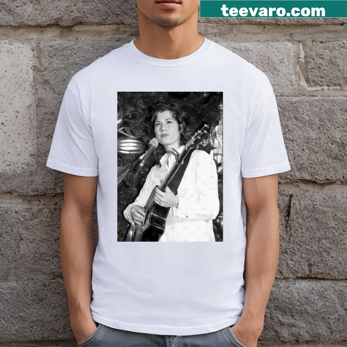 Black and white photograph of Amy Grant on a t-shirt — on a men's t-shirt