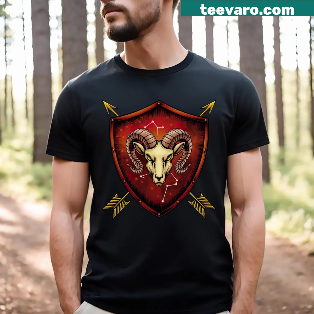 Bold Aries zodiac-themed t-shirt with striking typography design — on a men's t-shirt
