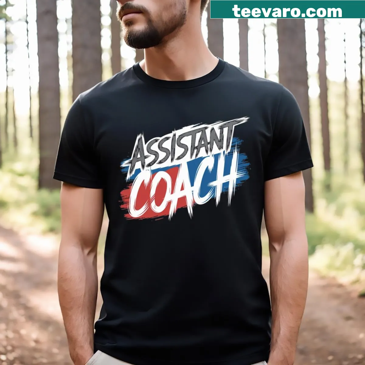 Assistant Coach t-shirt with bold typography design — on a men's t-shirt