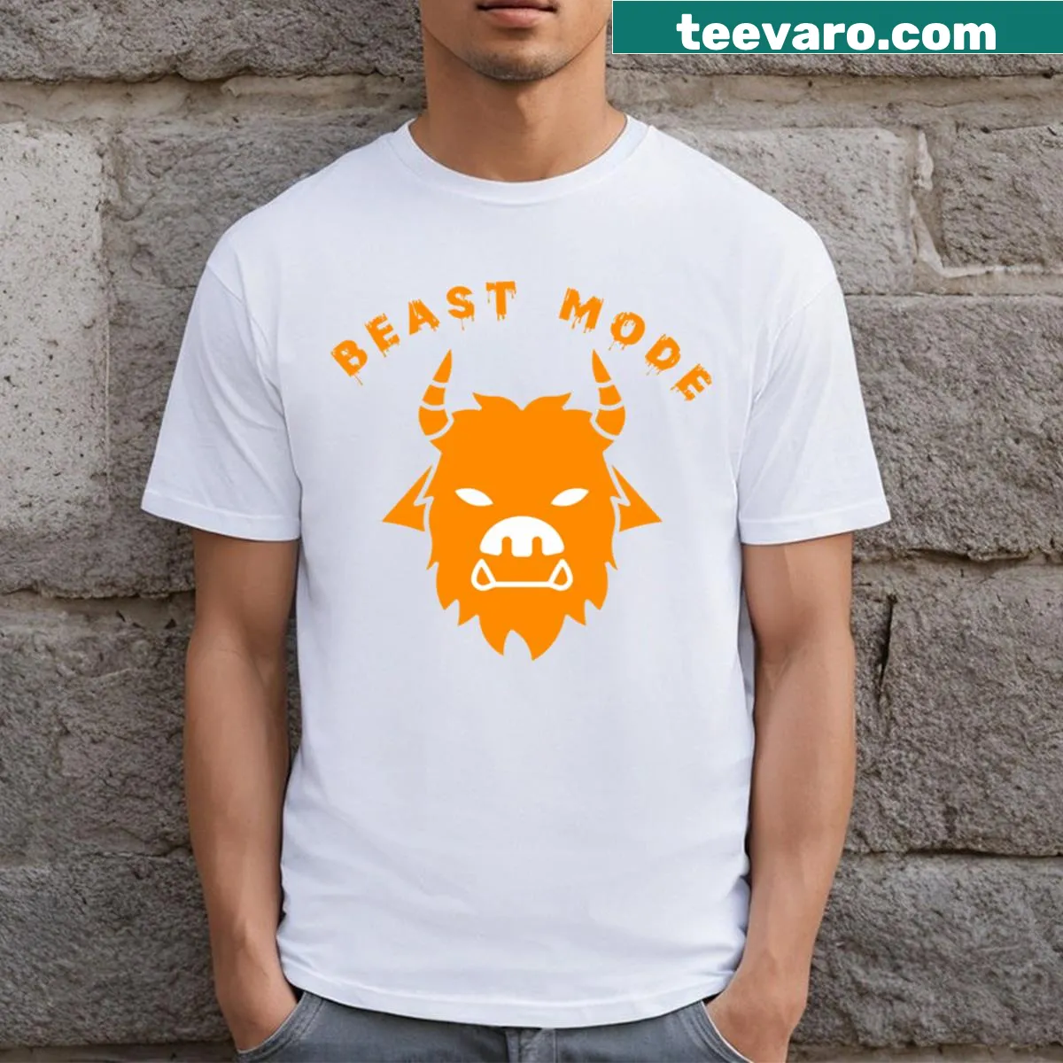 Fierce bull graphic with Beast Mode On text on a t-shirt — on a men's t-shirt
