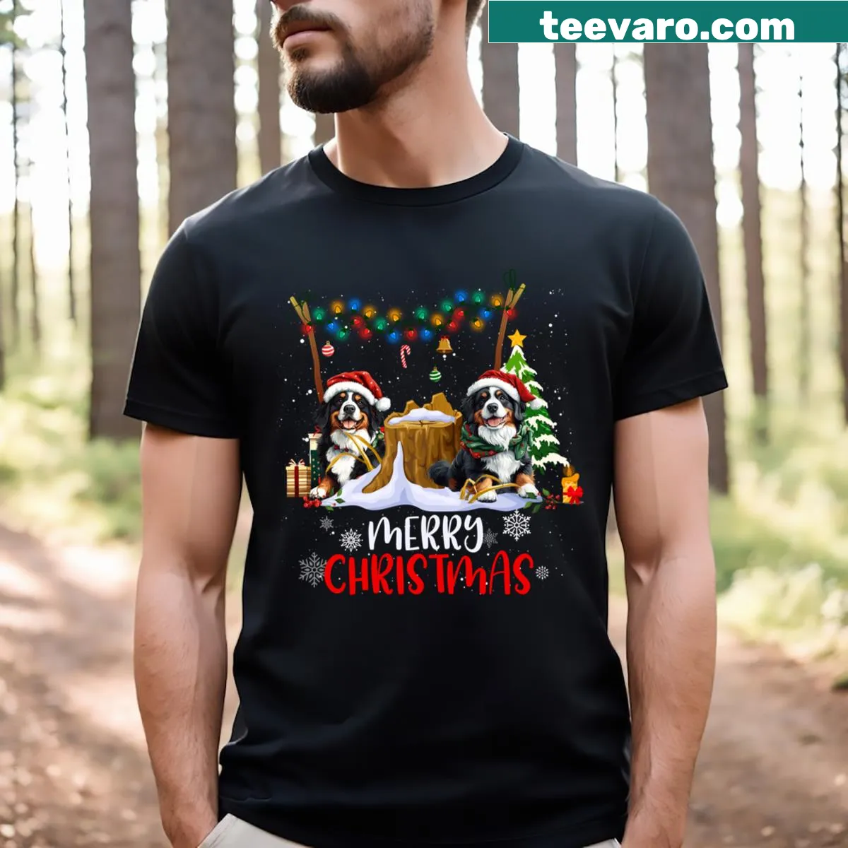 Illustration of Bernese Mountain Dog with Christmas decorations — on a men's t-shirt