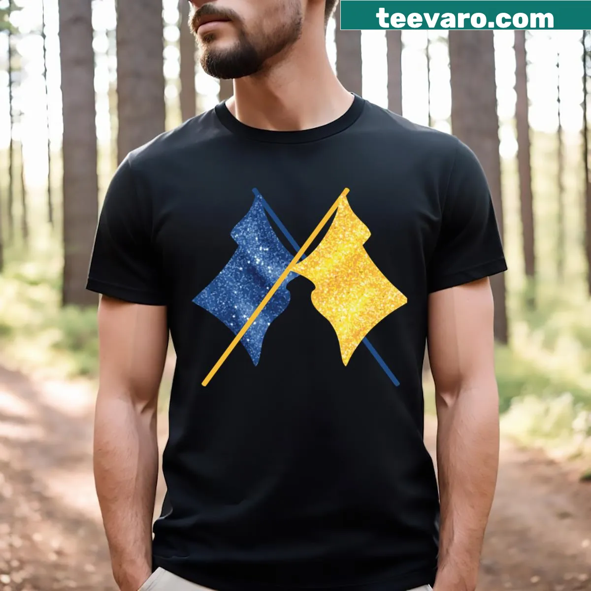 T-shirt featuring blue and gold flags symbolizing unity. — on a men's t-shirt