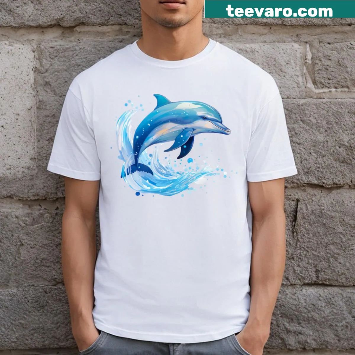 Blue Dolphin T-shirt with illustration of dolphin jumping out of water — on a men's t-shirt