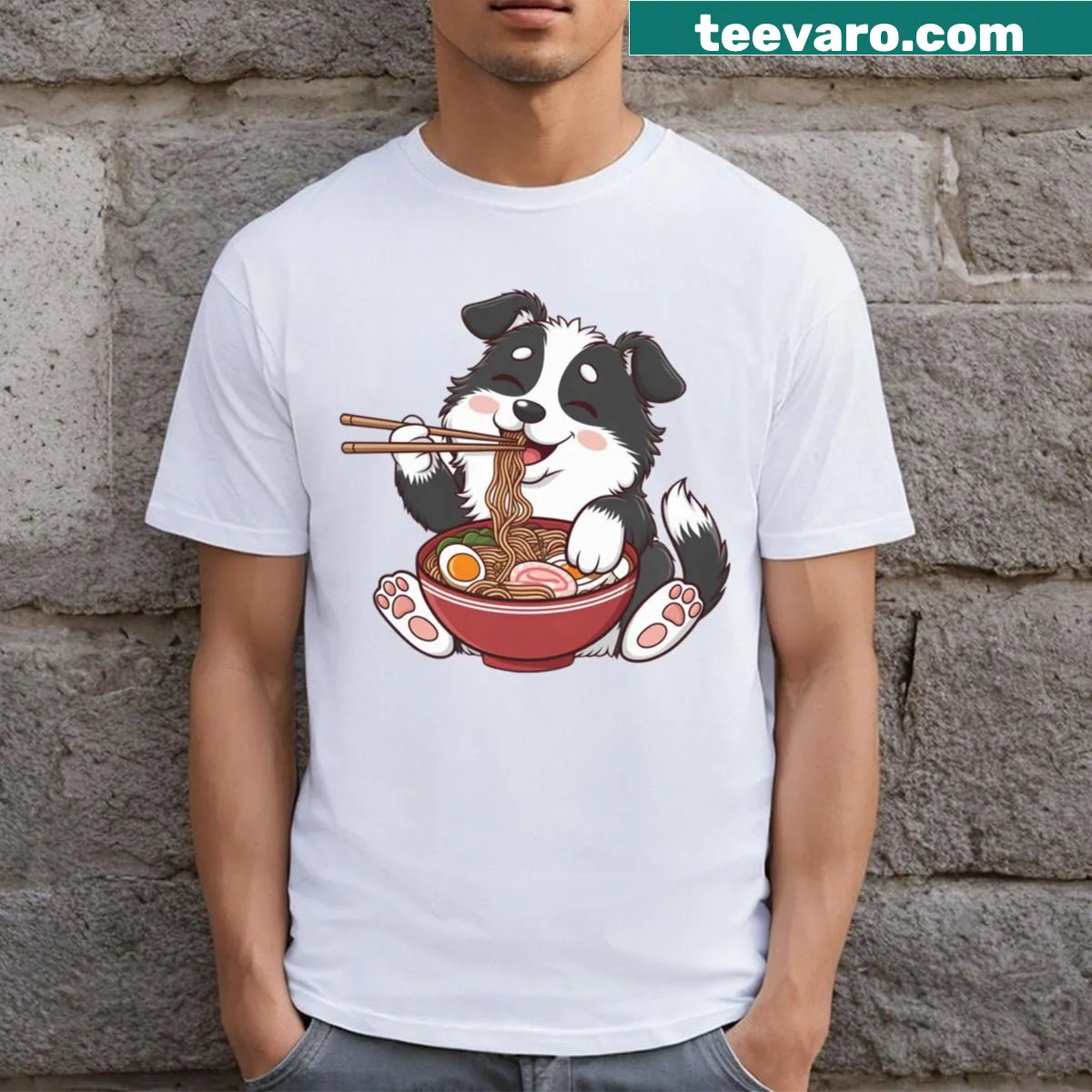 Kawaii-style Border Collie eating ramen on a T-shirt — on a men's t-shirt