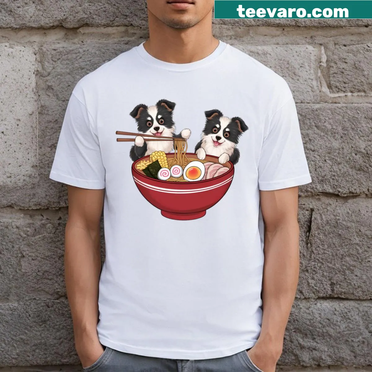 Cute Border Collie with ramen graphic t-shirt — on a men's t-shirt