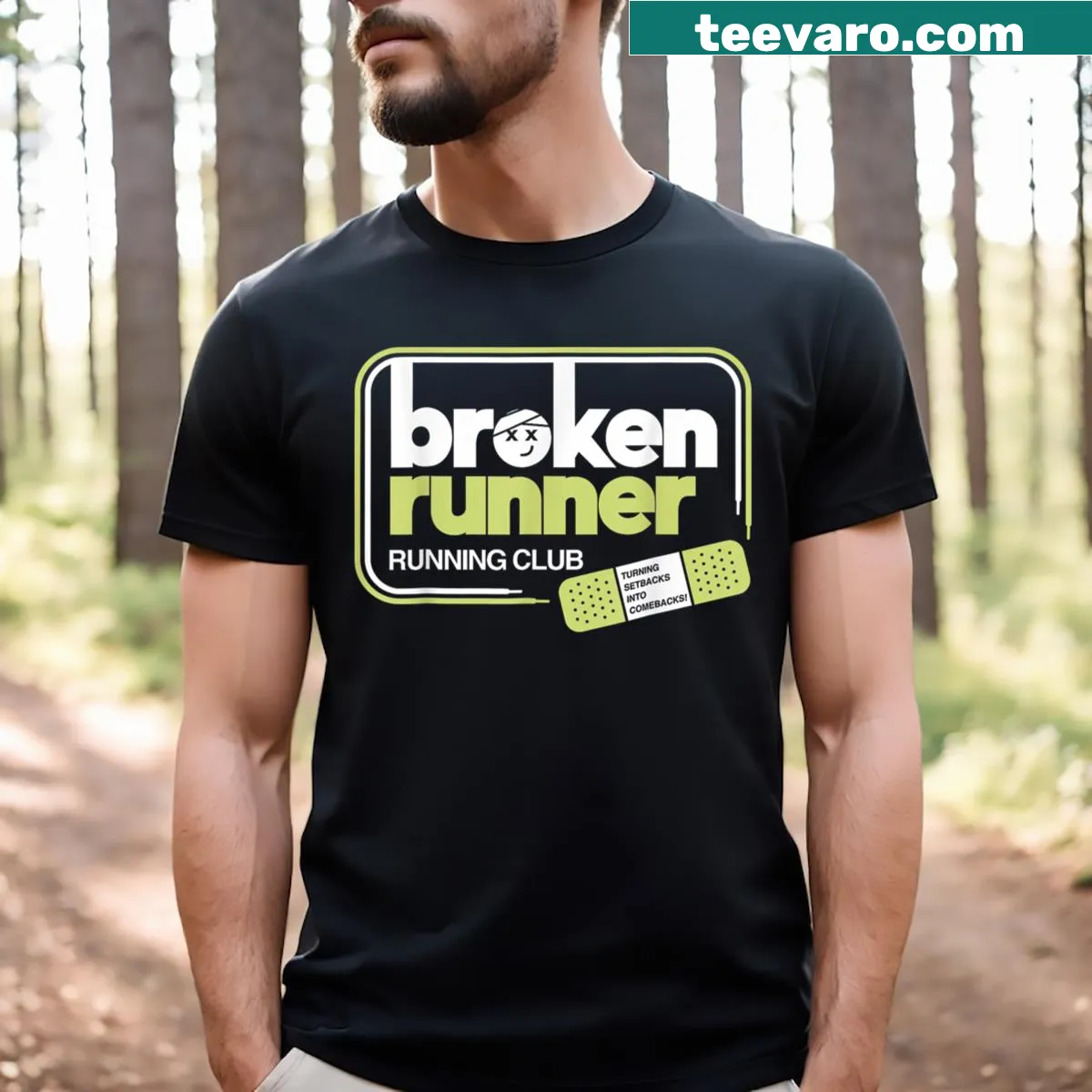 Inspirational running shirt with 'Turning Setbacks Into Comebacks' text — on a men's t-shirt