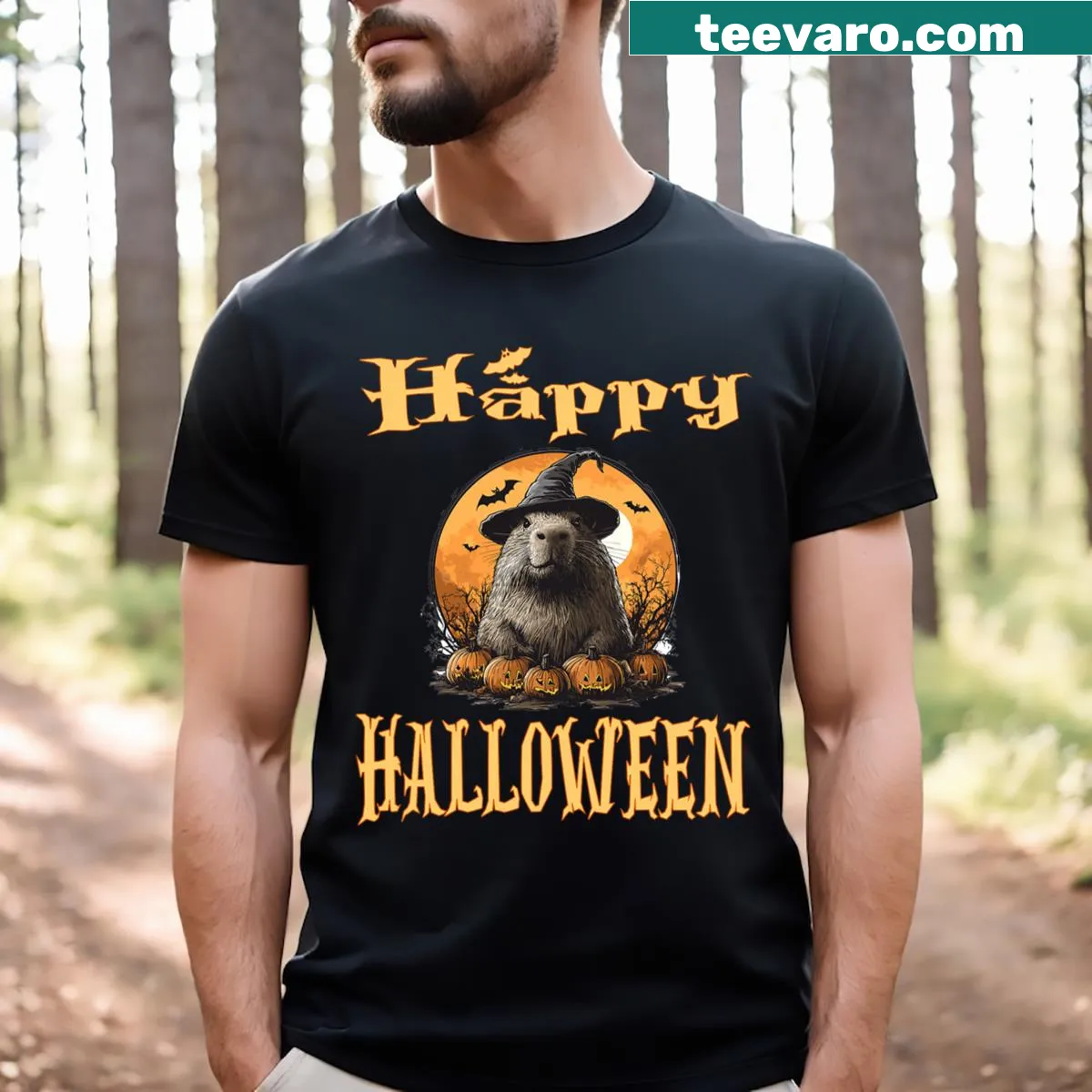 T-shirt featuring a capybara in a witch hat surrounded by pumpkins — on a men's t-shirt