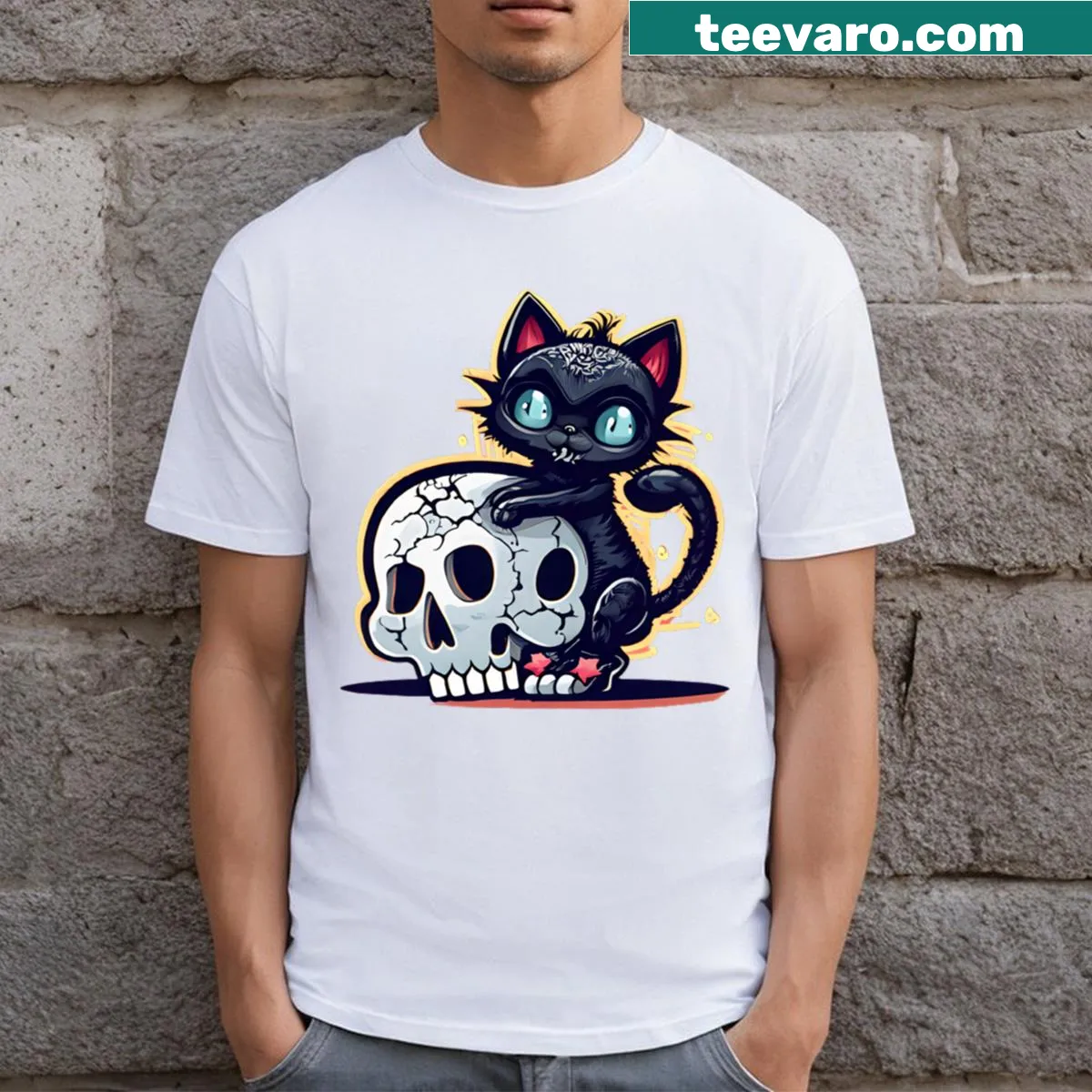 Fusion of cat and skull graphic on t-shirt — on a men's t-shirt