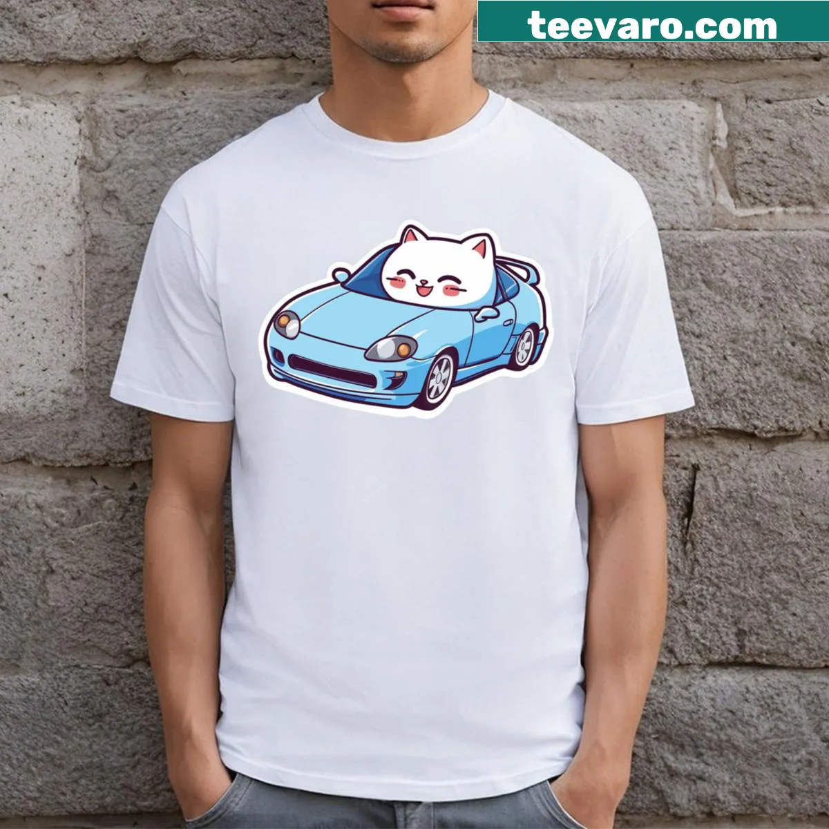 T-shirt with a cat driving a blue cartoon car — on a men's t-shirt