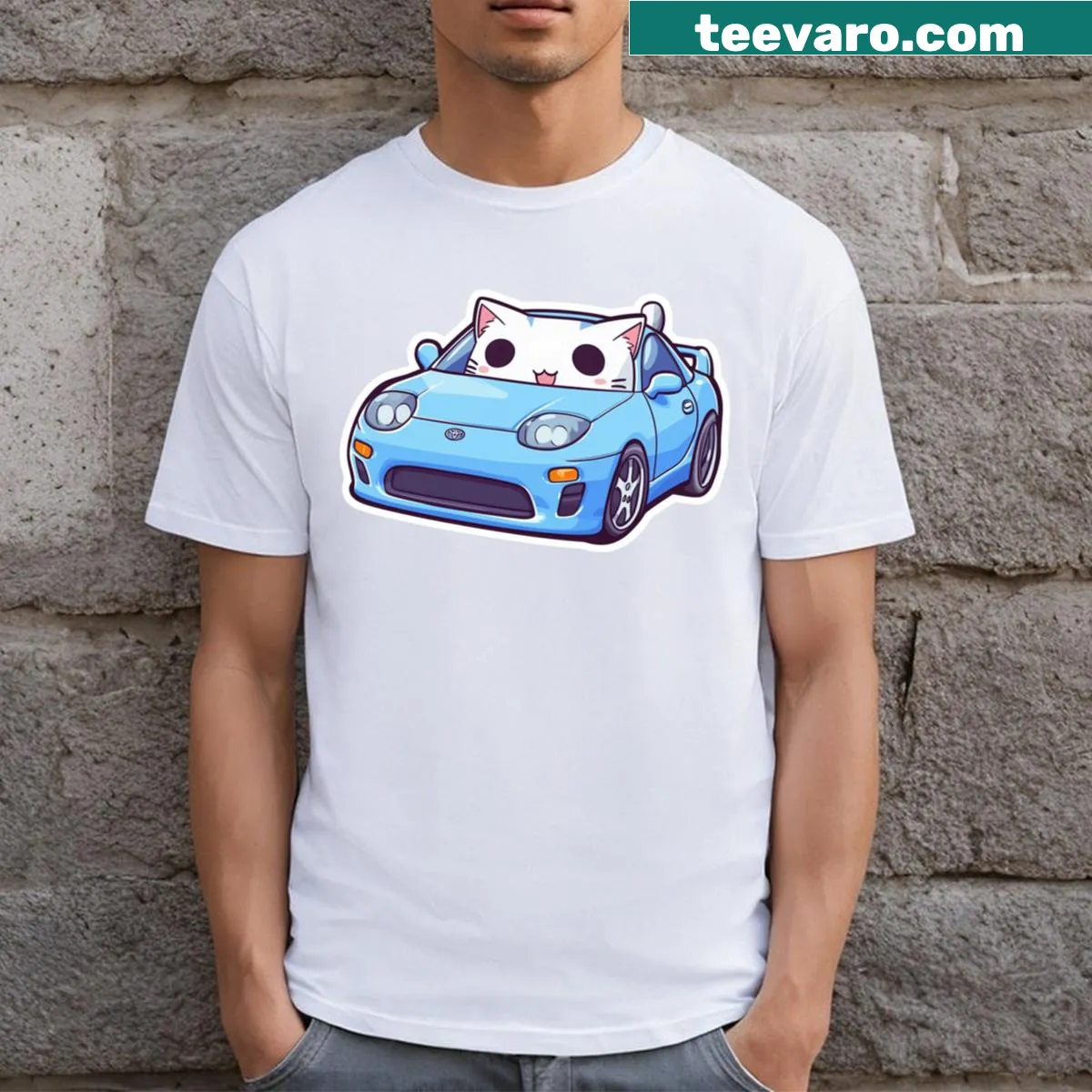 Playful t-shirt with a cat driving a blue car illustration — on a men's t-shirt
