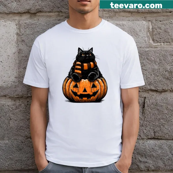 T-shirt featuring a chonk cat sitting in a pumpkin