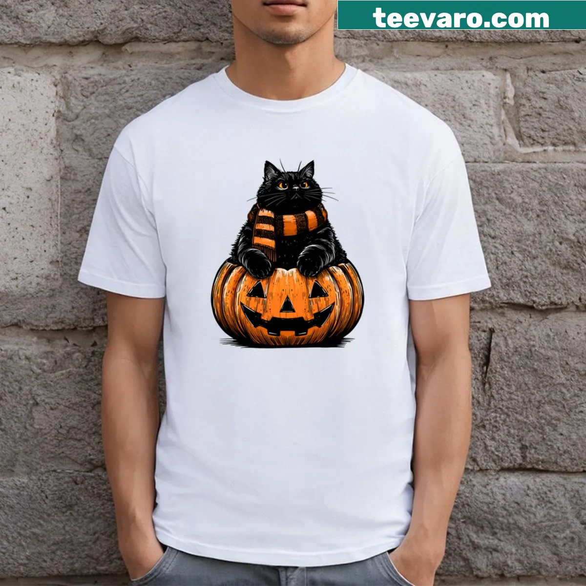 T-shirt featuring a chonk cat sitting in a pumpkin — on a men's t-shirt