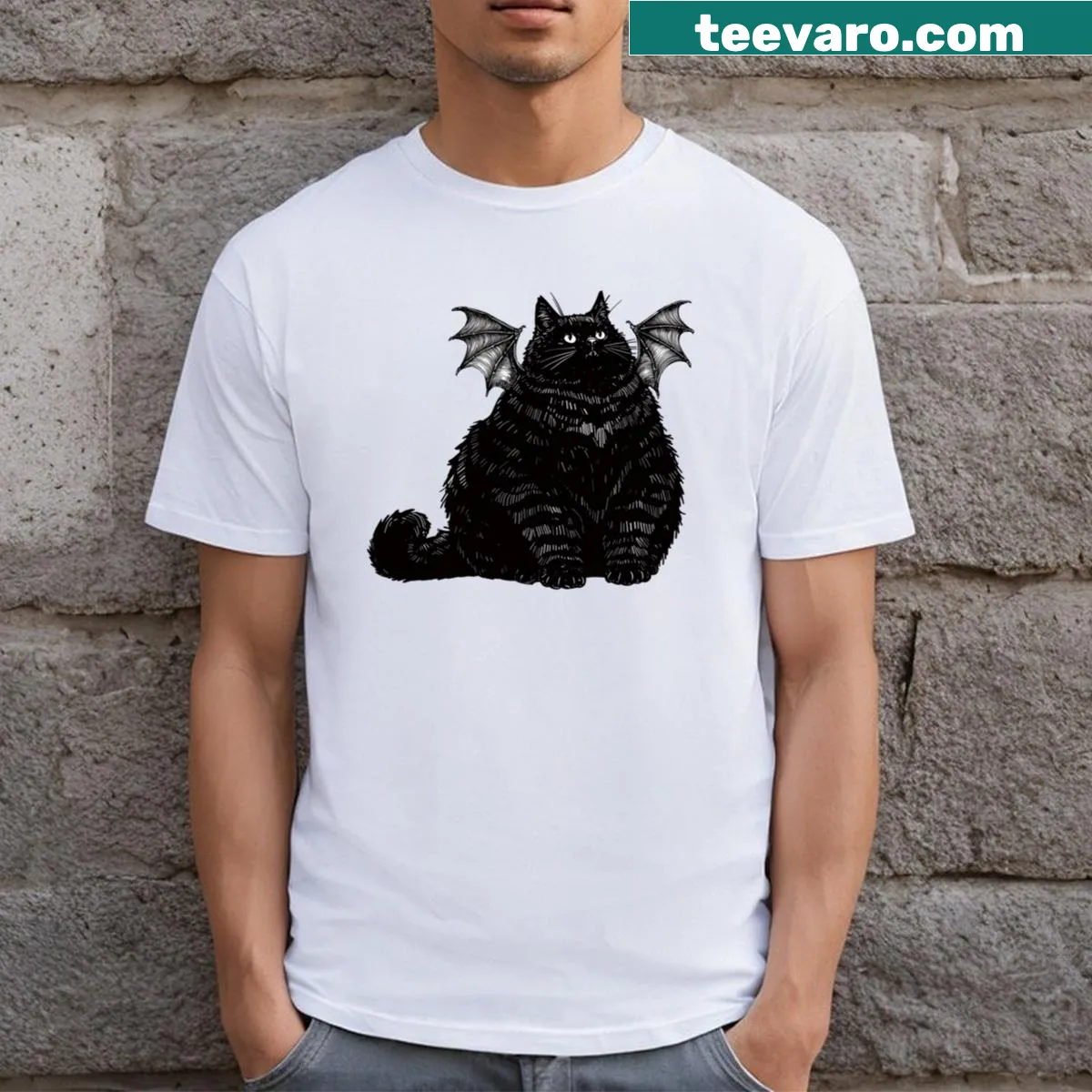 Illustration of a chonky bat cat with mini wings on a t-shirt — on a men's t-shirt